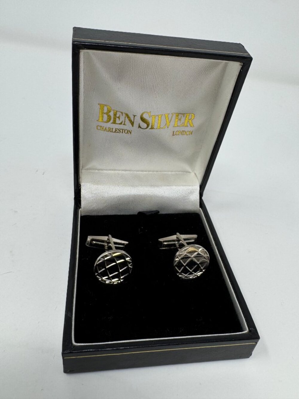 Vintage Ben Silver Sterling Silver 925 Diamond Cut Cufflinks With Box
